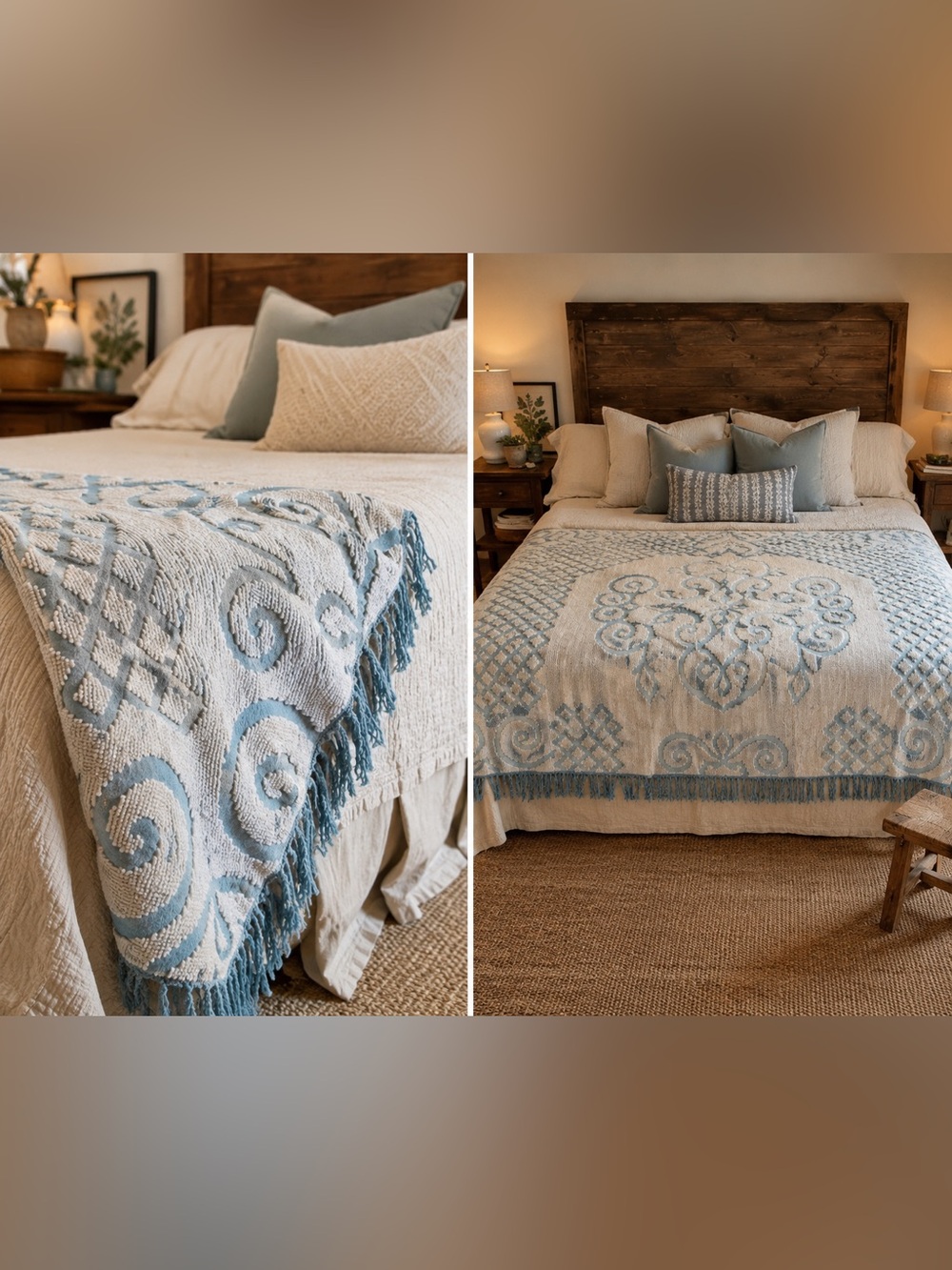 Vintage Montgomery Ward Blue & White Chenille Bedspread Full Fringe Cottagecore